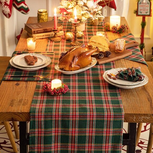 Luxurious 90-Inch Green Red Plaid Table Runner - Perfect for Holiday Gatherings - Picture 4 of 7